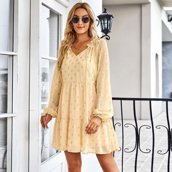 V-Neck Balloon Sleeve Tie Front Polka Dot MIni Dress Apricot Small - Picture 1 of 3